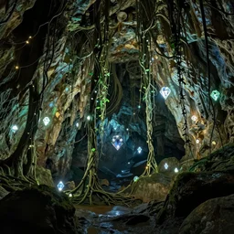 deep cave with mystic ambiance and vines hanging from the ceiling, glowing diamonds in walls, realistic, sharp focus, highly detailed, by artgerm