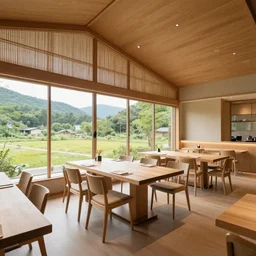 innovative interior design of a restaurant in rural japan, neutral wooden materials, floor - to - ceiling windows with views of nature