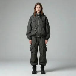 a full body portrait by nick knight and norman rockwell of a russian girl detailed features wearing cargo streetwear - lots of zippers, pockets, synthetic materials, chic'techno fashion trend by issey miyake and balenciaga 8 k