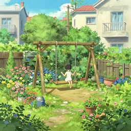 a beautiful little garden in the residential area, with a swing on the open space, illustration concept art anime, trending pixiv fanbox by wlop and greg rutkowski and makoto shinkai and studio ghibli