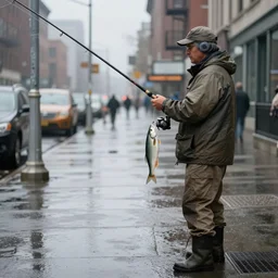 fisherman with fishing rods catching and holding fish in a rainy new york street, photograph, natural light, sharp, detailed face, magazine, press, photo, Steve McCurry, David Lazar, Canon, Nikon, focus