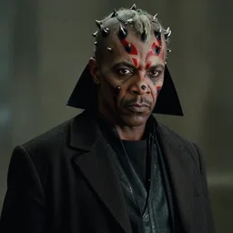 a film still of samuel l. jackson starring in a blockbuster film as darth maul from star wars, shallow depth of field, cinematic, award winning cgi, vfx, film still