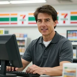 Tom Cruise working as a 7/11 cashier, macro, dramatic, artstation, 8k, HD
