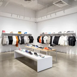 large nike boutique flagship retail. white walls. polished concrete floor. display tables with colorful shoes and varied clothes. bright digital screens on walls. low ceilings with downlights and spots. white corian and oak furniture. plants. muted colors. long exposure.