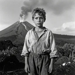 a homeless boy with worn clothes standing in front of an erupting volcano, vintage, professional photography, cinematic, black and white