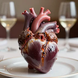 8 5 mm food photography of a large grilled human heart at a restaurant with dof and bokeh and wine glasses out of focus in the background. highly detailed 8 k. intricate. lifelike. soft diffused light. nikon d 8 5 0.