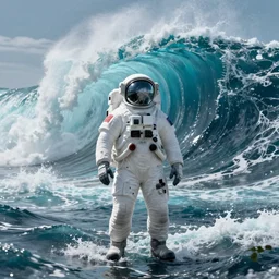 hyperdetailed masterpiece concept art of an astronaut standing in the middle of the ocean with a gigantic tidal wave in the background, high quality trending on ArtStation
