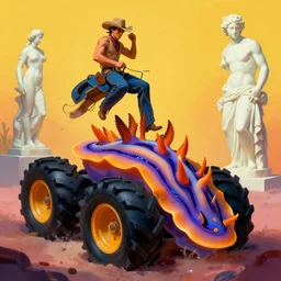 a cowboy turning into blooms by slim aarons, by zhang kechun, by lynda benglis, by frank frazetta. tropical sea slugs, angular sharp tractor tires. bold complementary colors. warm soft volumetric light. national geographic. 8 k, rendered in octane, smooth gradients. a manly cowboy riding by edward hopper. sculpture by antonio canova.