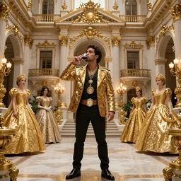 el chapo standing in the middle of a grandiose mexican mansion. everything is made out of gold. el chapo is sipping on wine. the mansion is incredible and ornate. chapo has a clockwork chain. there are princesses and queens everywhere around him