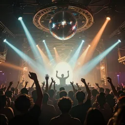 crowd partying with their hands up at a club, volumetric lighting, haze, moving heads light beams, spot lights, discoball, dj on stage with raised hands, silhouette, digital art, trending on artstation, 4k, unreal engine, intricate, ornate
