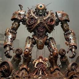 movie still of flayed god machines, cluster battle chaotic tiers of machines, intricately macerated by age, sentient, dethroned goliath machine, blood turbines, massive mantis eye, hydrocracking battles, rusted, macerated, eviscerated by fimbria wires, bicornate fungal pit, trash patina sheen rotting, by alberto bontempi, alex