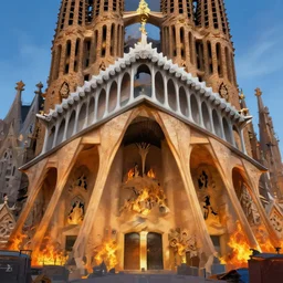 landscape view of an obsidian Sagrada Família cathedral with a giant obsidian door, in the elemental plane of fire, Dungeon and Dragon illustration, painted by Greg Rutkowski, 4k, trending on ArtStation