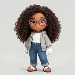 A beautiful, gorgeous, stunning Woman with #E0A37A Skin color, South East Asian with round face, cat face, long, Puffy, Afro hair, Small Square Glasses, grey hoodie opened, white T-Shirt, White gloves, Denim Jeans, Birkenstock sandals, Character art, Calarts, button eyes