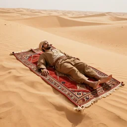 a brown man floating on a magical carpet ride over the arabic desert.