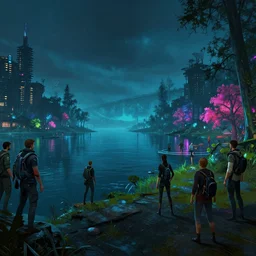 photo environement cyberpunk 2 0 7 7 lakeside : 4, 4 k rtx hdr volume light concept studio matte painting environement digital illustration style artstation artur tarnowski, mihai muscan, marcin tomalak, marta leydy, marcin stepien, charlotte hughes, zuzanna dabrowa neon bioluminiscence