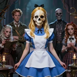 Alice in Wonderland,highly detailed,half skull face,cinematic,8k,by Stanley Artgermm,Tom Bagshaw,Greg Rutkowski,Carne Griffiths, Ayami Kojima, Beksinski, Giger,trending on DeviantArt,hyper detailed,horror, full of colour