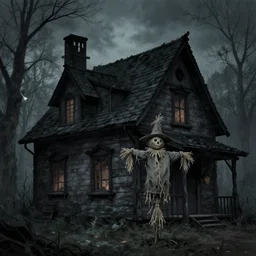 Main Theme Dark and Gloomy Witch house, small scarecrow standing beside house, in style of Anne Stokes