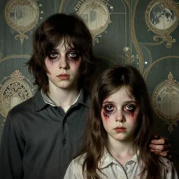 two handsome but creepy siblings in layers of fear, with haunted eyes, 1 9 7 0 s, seventies, wallpaper, a little blood, moonlight showing injuries, delicate embellishments, painterly, offset printing technique, by jules bastien - lepage