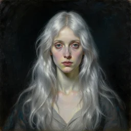 Say who is this with silver hair so pale and Wan and thin? in the style of Jean Delville, Lucien Lévy-Dhurmer, Fernand Keller, Fernand Khnopff, oil on canvas, 1896, 4K resolution, aesthetic, mystery