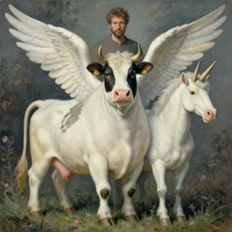 winged fat cow unicorn by gerald brom, by mikhail vrubel, by peter elson, muted colors, extreme detail, trending on artstation, symmetry! hd