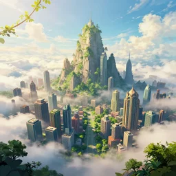 a beautiful city 🌤 above the clouds of the sky 🌿🌲🏢⛰, style artstation, style greg rutkowsk, comic art book,, octane render, unreal engine 6, epic game graphics, fantasy, ciberpunk, post - apocaliptic, ray tracing