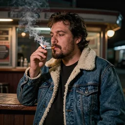 1 9 7 0 : a hirsute broad man in a { denim shearling jacket } smokes a { lit cigarette } outside a lonely bar in queens at 1 am, high quality high detail art by angus mcbride & n. c. wyeth, hd, realistic, photorealistic lighting, composition inspired by gregory crewdson.