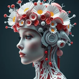 intricate 3 d render, hyper detailed, ultrasharp, beautiful biomechanical cyberpunk woman portrait with a porcelain profile face, futuristic haute couture, iris van herpin, headdress laser cut paper made of sponge corals, daisies, colorful mushrooms, jellyfish, puffballs, white red rhizomorphs, cyberpunk metallic brackets, octane highly render, 8 k, ultra hd