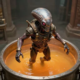movie still frame, guild navigator mutant floating inside a vat of orange fluid, intricate details, beautiful composition, 8 k, cgi, by ridley scott, james cameron, zack snyder and michael bay