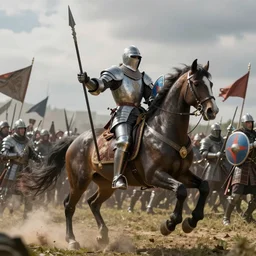a hero from the war of the roses riding an armored horse into battle with a lance and shield, epic, glory, high detail cinematic lighting