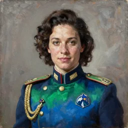 facial portrait of the empress of the minnesota timberwolves, 1 8 8 9, in full military garb, midnight blue, aurora green, lake blue, moonlight grey, oil on canvas by william sidney mount, trending on artstation