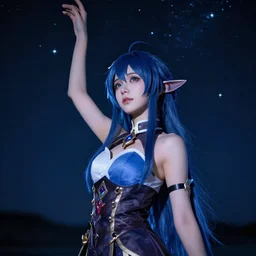 a beautiful lucina standing under the stars with an arm raised, in professional makeup, dramatic lighting, by lois van baarle, artstation