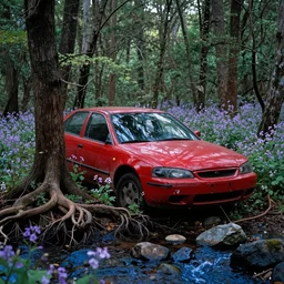 red abandoned modern car, overgrown in a thick forest full of trees with big roots, waterlogged ground with many purple flowers, and a small bleu stream with sharp rocks
