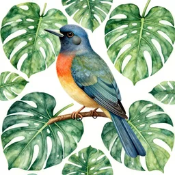 a motmot bird with monstera leaves, in an art nouveau style, by ravi zupa