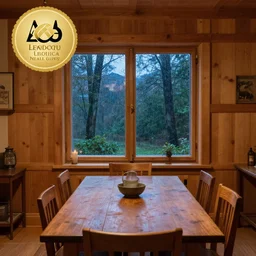 photo of a beautiful wooden dining room with a window with a view of a rainy european forest outside,at night, beautful view,winning award photo,4k