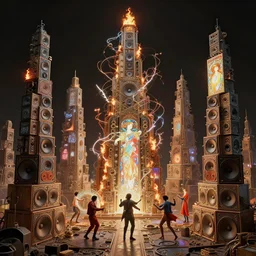 highly detailed surreal vfx avante garde portrait of a 3 d landscape of recursive towers of speaker stacks, 🎶, 🔥, 🪄, projections, ecstatic dancing, synaesthesia, entangled vibrating, ⚡, ornate, hyperrealistic, octane render, chiaroscuro, inspired by james jean, android jones, beeple, rhads, alphonse mucha, frostbite 3 engine