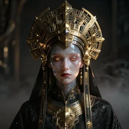 a dark sci fi matte painting portrait of a cyber shadow priest with translucent skin and a massive ornate headdress made of realistic metal and sci fi armor, art deco, cinematic lighting, smooth, dark sci fi, unreal engine, octane render, by blizzard studios, golden rule, subject in center of frame, fog volumes, cgsociety
