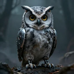 robotic owl, scary and gloomy, apocalyptic photorealistic 8k