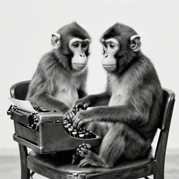 an old school black and white photo of a monkey sitting in a chair typing on a typewriter inside very detailed