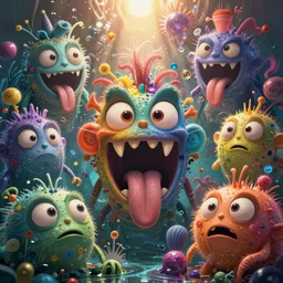intricate colourful murky with strange cute friendly angry crazy creatures with huge beauty eyes long tongue triangle teeth and scary face appearing from the water, pixar and disney animation, science fiction, cyberpunk, sharp, disney concept art illustration, dynamic lighting