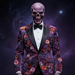 Monet in a Tuxedo with flower texture, super highly detailed, cosmic horror, concept art, 4K, HDR, trending on ArtStation