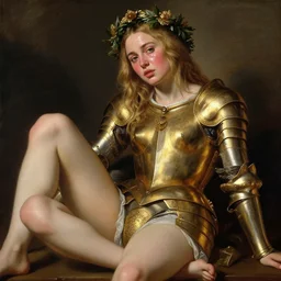 blushing, sweating, seductive young emilia clarke, blonde hair, wearing gold armour, posing seductive, looking seductively, ornate wreath, legs, oil painting by titian, hard focus