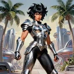 23-year-old muscular warrior girl wearing chrome silver armor, black spandex, electrified hair, wild spiky black hair, wild black hair, yellow eyes, tropical, palm trees, chrome buildings, futuristic base, 1987, Frank Frazetta, pulp art, video game box art, hyper-detailed