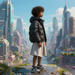 young 🧔🏿 wearing a thin lightgray do rag and a black winter puffer jacket and balenciaga hightop sneakers, facing the desperate and endless call of the metaverse, afro futuristic urban cityscape, clear weather, unreal 5 engine render, vivid colors, high detail, studio ghibli, digital art, octane render, beautiful composition, trending on artstation, award - winning photograph, masterpiece