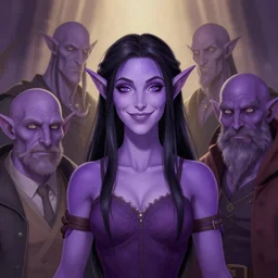 a purple skin peaceful woman tiefling, smiling, dark hair, fully clothed, symmetrical! portrait by rossdraws and daniel docciu and dave dorman