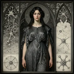 Symmetric Pre-Raphaelite painting of a beautiful mystic woman with dark hair in a very detailed silk dark grey dress by John William Waterhouse, zoomed out, surrounded by a dark gothic frame of highly detailed mathematical drawings of neural networks and geometry by Doré,  highly detailed mathematical drawings of geometry and neurons by HG Giger