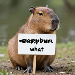 realistic high quality photo of a capybara holding a sign with text that reads : capybara what