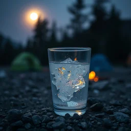 [ a cup of sparkling water ], cup of ( water and shiny crystals ), highly detailed, dusk, moon light, campsite, hdr, backlit, ( dramatic angle ) 8 k f 2 0, 2 0 mm