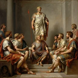 oil painting of roman senators in the curia julia sitting around and looking towards a roman emperor standing on a stand, volumetric lighting, hd, hdr, cinematic 4 k wallpaper, 8 k, detailed, high resolution, artstation, early medieval, realistic, roman, senate, cult, oil painting