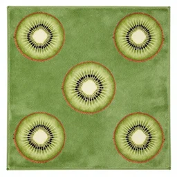5 0 mm photo of green persian rug texture with huge kiwi fruits ornaments, top view, symmetrical, beautiful, square, trending on artstation