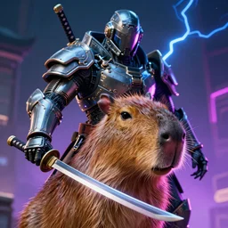 wide shot, photo of a capybara head, a huge humanoid capybara-man with a katana, in a heavy futuristic armour without a helmet, hyper realistic, hyper detailed, coherent photo, trending on artstation, cyberpunk, Japanese style, volumetric lightning, neon, electric colours, Cinematic, Dramatic, Film Grain, Kodak Portra, Depth of Field, 15 mm octane render, 4k, raytracing, blender